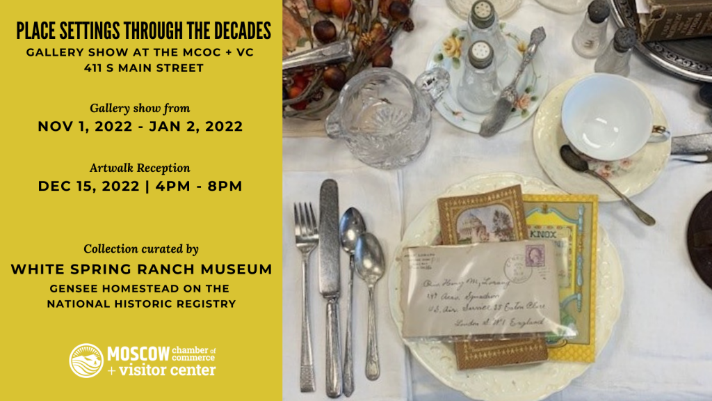 Table setting with historic items from the White Spring Ranch collection, including menu cards, letters, and information about the gallery show from November 1st through January 2nd available to view at the MCOC + VC gallery