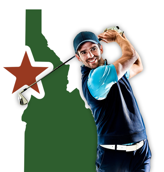 Golfer in mid-swing with and illustrated outline of Idaho in the background