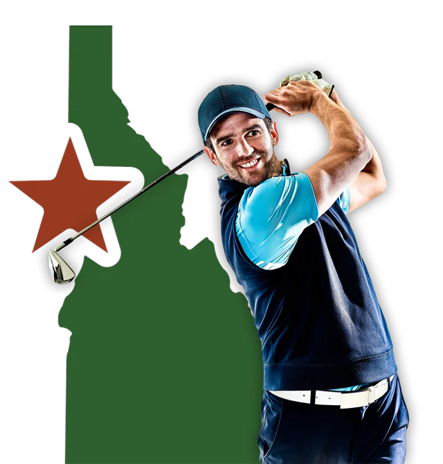 Golfer in mid-swing with and illustrated outline of Idaho in the background